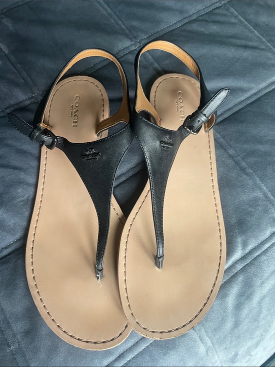 Coach Shoes - Coach Black Leather T-Strap Sandals with Tan Footbed